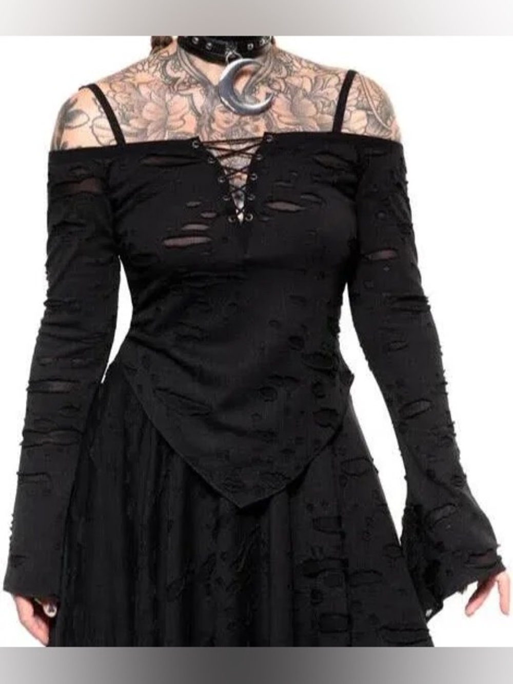 KILLSTAR Black Distressed Cold-Shoulder Lace-Up Bell-Sleeve Top Size Medium